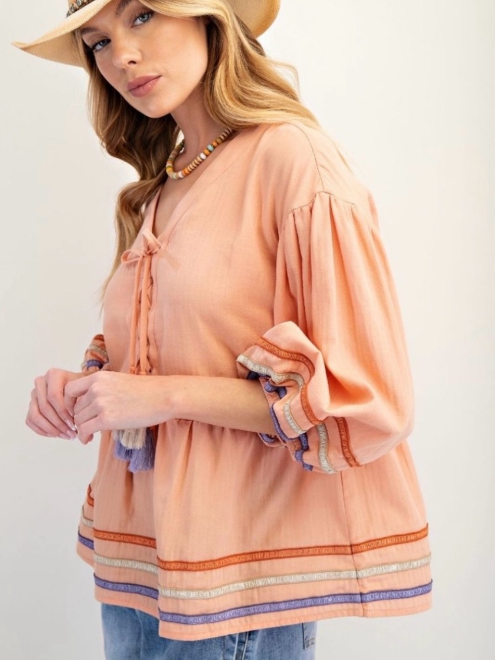 NWT Easel Peach Prairie Lace Up Boho Blouse with Tassels Size Large